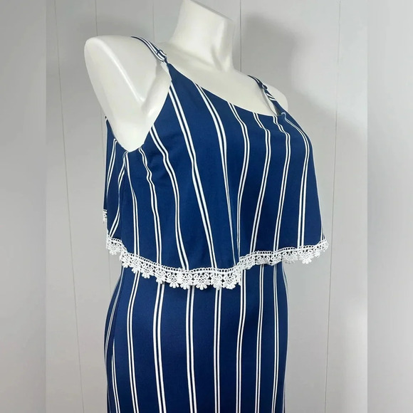 NEW Rouge Collection 1X Navy Striped Stretch Lightweight Maxi Dress Ruffle Front - Picture 6 of 13